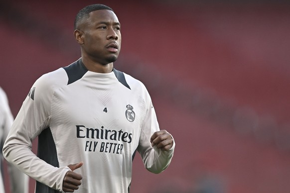 epa12016722 David Alaba of Real Madrid attends a training session at Arsenal stadium in London, Britain, 07 April 2025. Arsenal face Real Madrid in a UEFA Champions League quarter-finals 1st leg socce ...