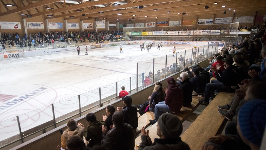Spieler und Fans von Wiki-Muensingen jubeln beim Ehrentreffer im Swiss Ice Hockey Cup zwischen dem EHC Wiki-Muensingen aus der ersten Liga und dem EV Zug, am Dienstag, 27. September 2016, in der Sagib ...