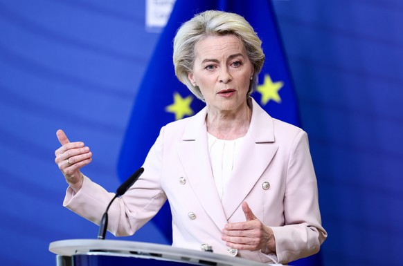 European Commission President Ursula von der Leyen delivers a statement at EU headquarters in Brussels, Wednesday, April 27, 2022. Russia opened a new front in its war in Ukraine on Wednesday, cutting ...