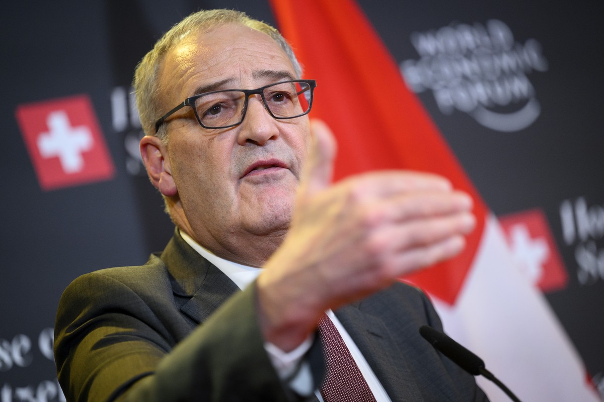 Switzerland's Economy Minister Guy Parmelin speaks during a press conference in the House of Switzerland, HoS, on the sideline of the 53rd annual meeting of the World Economic Forum, WEF, in Davo ...