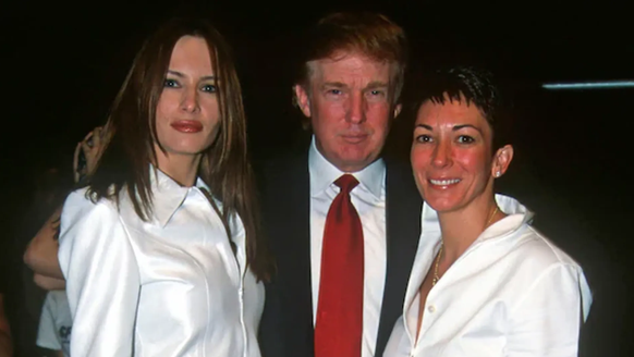 Melania Trump, damals Knauss (l.), Donald Trump und Ghislaine Maxwell: Sie gehörten jahrelang zu Epsteins Dunstkreis.