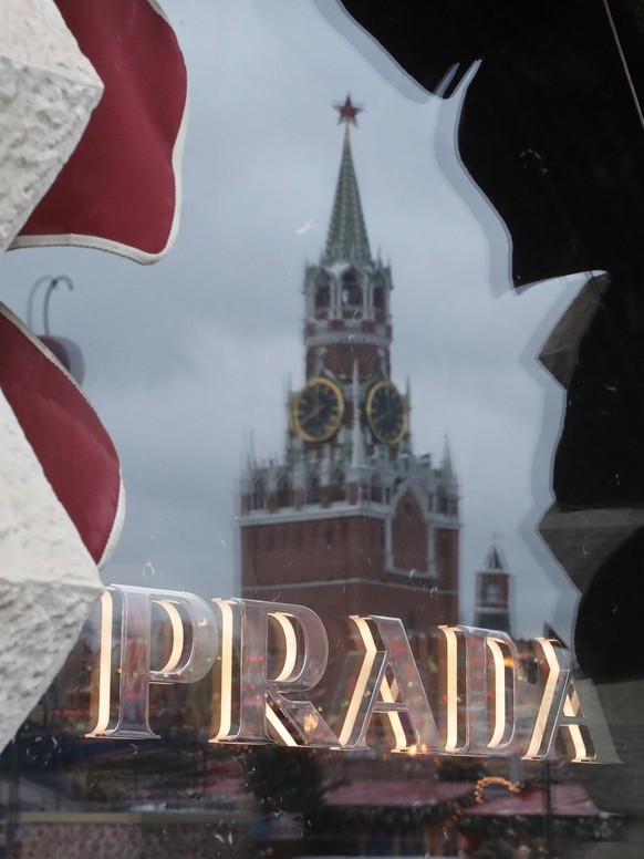 epa10466784 A logo of Prada ia a shop-window of closed Prada retail store during Valentine&#039;s Day at the State Department Store GUM at the Red Square in Moscow, Russia, 14 February 2023. As part o ...