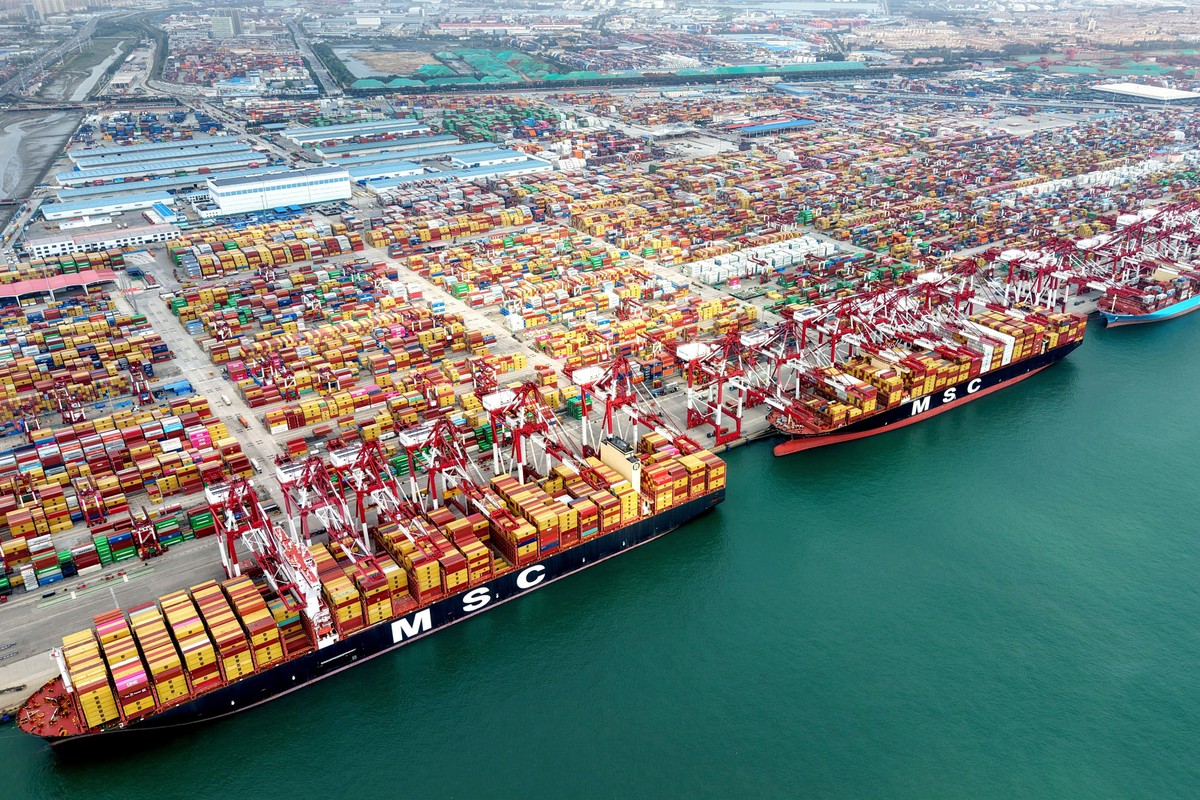 An aerial view of a container terminal in Qingdao in eastern China's Shandong province on Thursday, Oct. 9, 2025. (Chinatopix Via AP)
China Trade