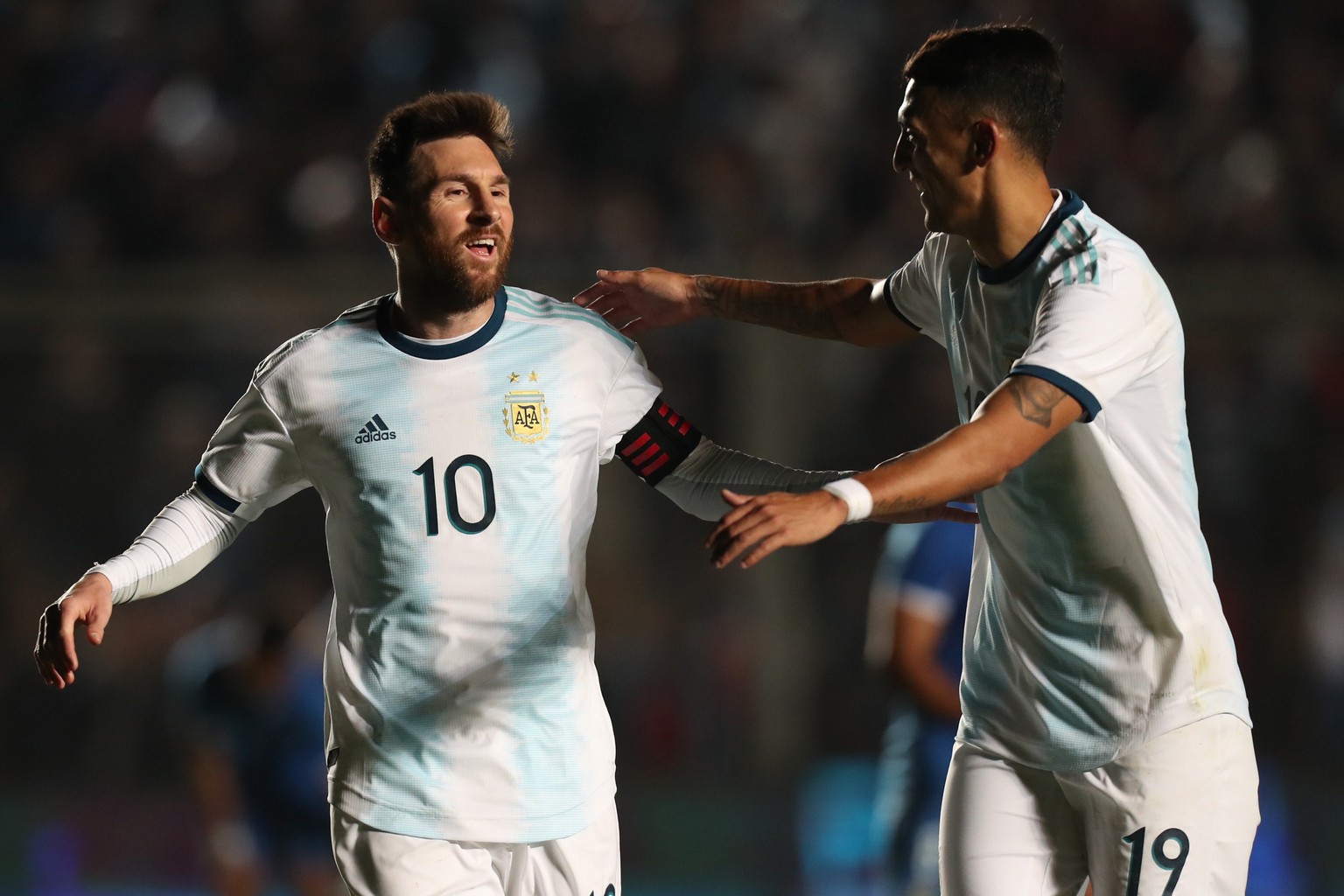 epa07634286 Argentina&#039;s Leonel Messi (L) celebrates after scoring during the friendly soccer match between Argentina and Nicaragua Bicentenario in San Juan, Argentina, 07 June 2019. EPA/MARCELO R ...