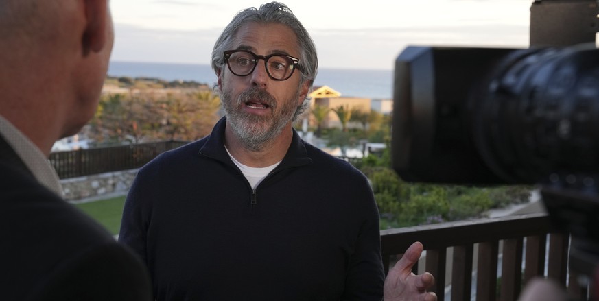 Casey Wasserman, chairman of the 2028 Los Angeles Olympics organizing committee, speaks during an interview to the Associated Press in Costa Navarino, western Greece, Wednesday, March 19, 2025. (AP Ph ...