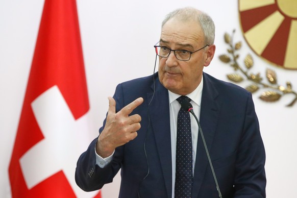 President of the Swiss Confederation Guy Parmelin gestures during a news conference at the presidential office in Skopje, North Macedonia, on Wednesday, April 29, 2026. (AP Photo/Boris Grdanoski)
Nort ...