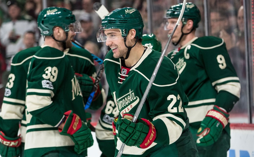 Feb 12, 2017; Saint Paul, MN, USA; Minnesota Wild forward Nino Niederreiter (22) celebrates his goal during the first period against the Detroit Red Wings at Xcel Energy Center. Mandatory Credit: Brac ...