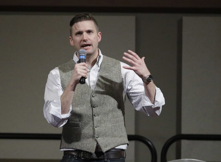 FILE - In this Dec. 6, 2016, file photo, Richard Spencer, who leads a movement that mixes racism, white nationalism and populism, speaks at the Texas A&amp;M University campus in College Station, Texa ...