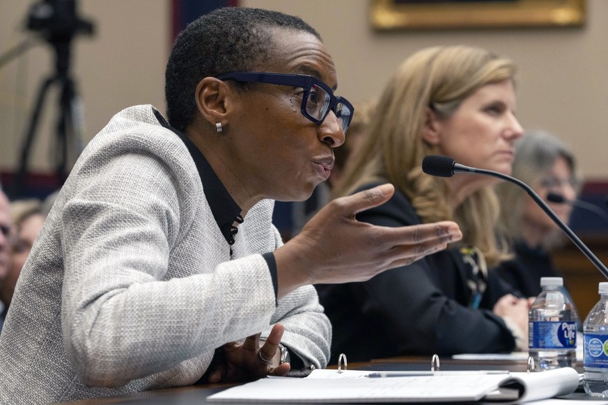 Harvard President Claudine Gay, left, speaks as University of Pennsylvania President Liz Magill listens, during a hearing of the House Committee on Education on Capitol Hill, Tuesday, Dec. 5, 2023 in  ...