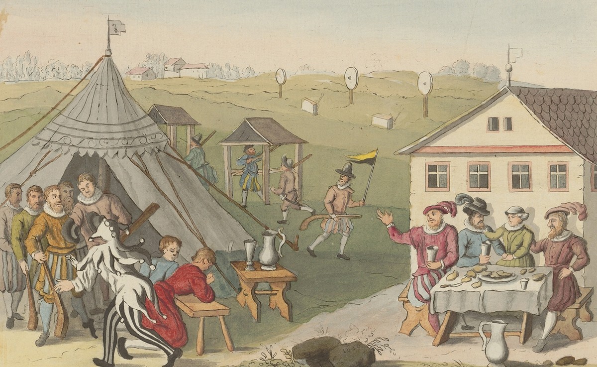 Schützenfest in Basel, um 1610.
https://www.e-rara.ch/zuz/content/titleinfo/11336328