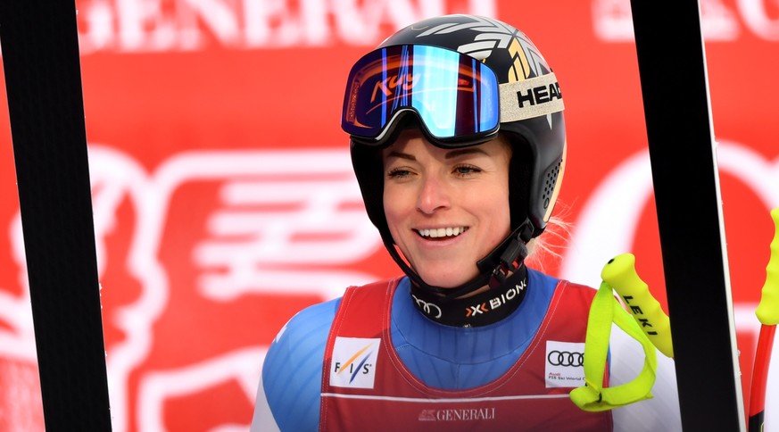 epa08979380 Lara Gut-Behrami of Switzerland reacts during the women's Super G race of the Alpine Skiing World Cup in Garmisch-Partenkirchen, Germany, 01 ?February 2021. EPA/Philipp Guelland