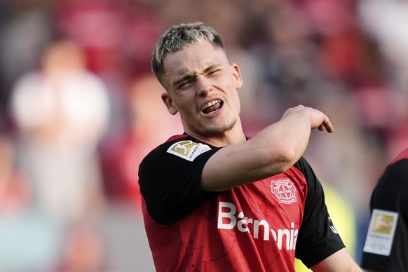 Leverkusen&#039;s Florian Wirtz reacts disappointed during the German Bundesliga soccer match between Bayer Leverkusen and Union Berlin at the BayArena in Leverkusen, Germany, Saturday, April 12, 2025 ...