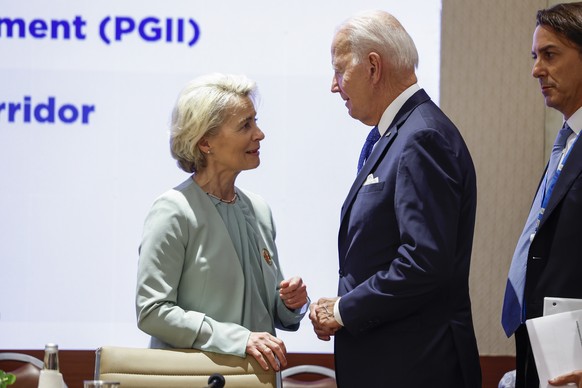 U.S. President Joe Biden, right, and President of the European Union Ursula von der Leyen attend Partnership for Global Infrastructure and Investment event on the day of the G20 summit in New Delhi, I ...