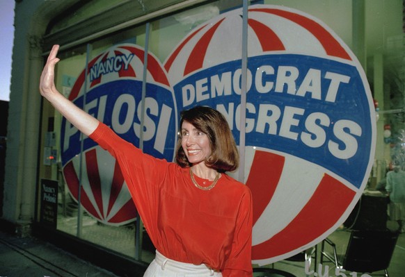 FILE - Congressional candidate Nancy Pelosi, D-Calif., waves to campaign headquarters in San Francisco, April 7, 1987. (AP Photo/Paul Sakuma, File)
