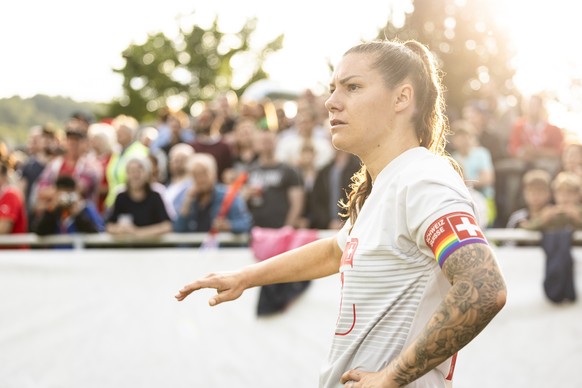 Switzerland&#039;s Ramona Bachmann reacts during a women&#039;s international friendly soccer match between Switzerland and Morocco at the Schuetzenwiese stadium in Winterthur on July 5, 2023. (KEYSTO ...