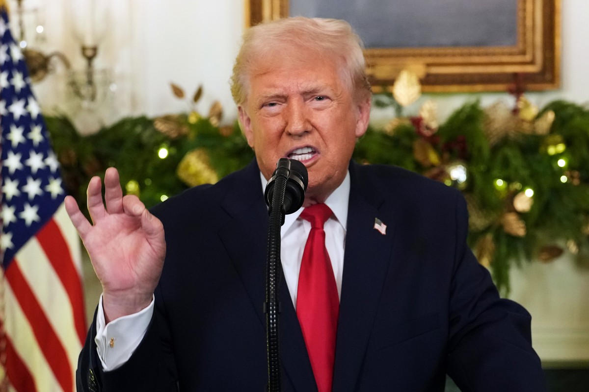 President Donald Trump speaks during an address to the nation from the Diplomatic Reception Room at the White House, Wednesday, Dec. 17, 2025, in Washington. (Doug Mills/The New York Times via AP, Poo ...