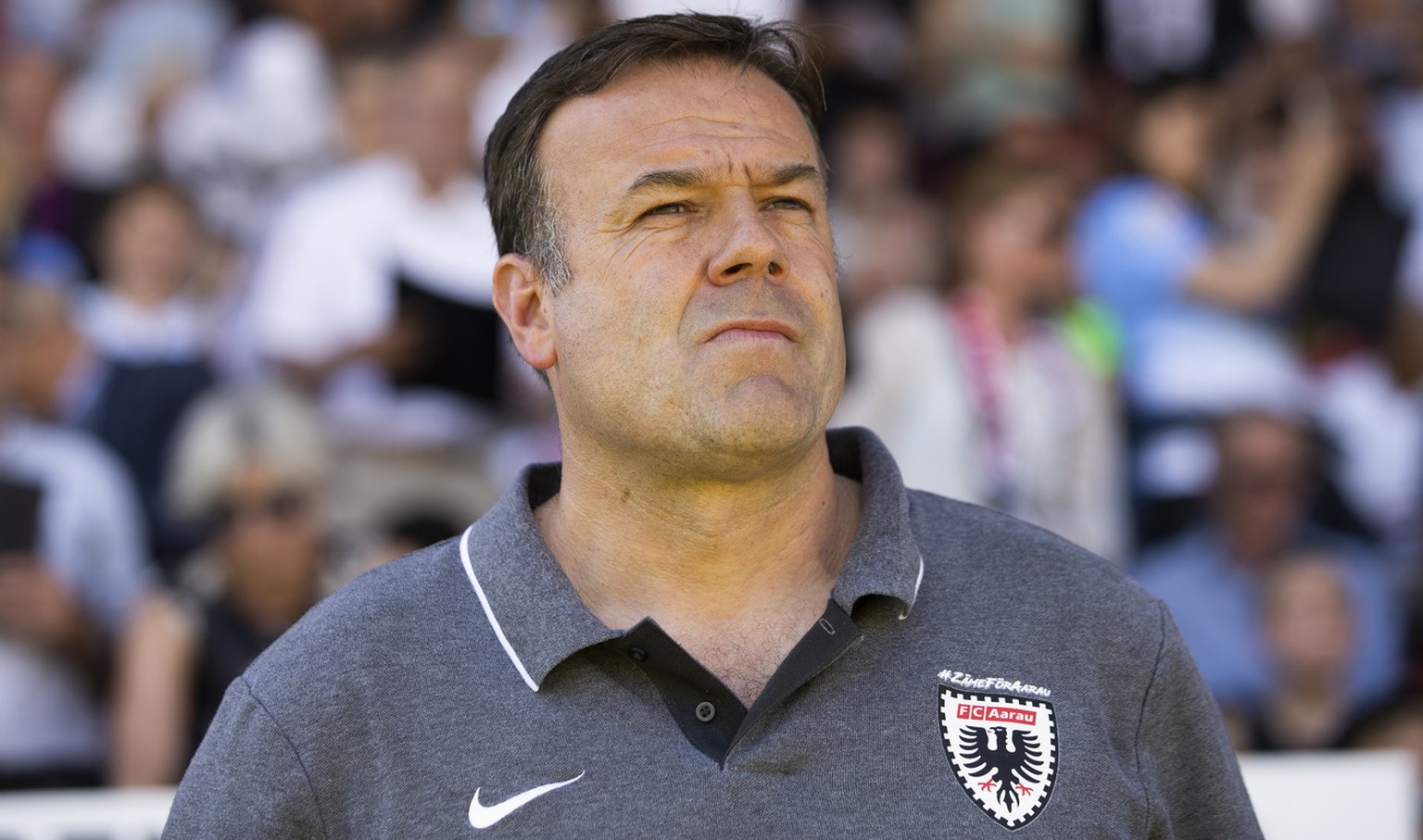 Aaraus Trainer Patrick Rahmen kurz vor dem Barrage Rueckspiel zwischen dem FC Aarau und Neuchatel Xamax FCS, am Sonntag 2. Juni 2019, im Stadion Bruegglifeld in Aarau. (KEYSTONE/Peter Klaunzer)