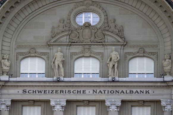 epa10526131 The facade of the Swiss National Bank (SNB) at the Federal square (Bundesplatz) in Bern, Switzerland, 16 March 2023. Credit Suisse is borrowing up to 50 billion francs (50.8 billion euros) ...