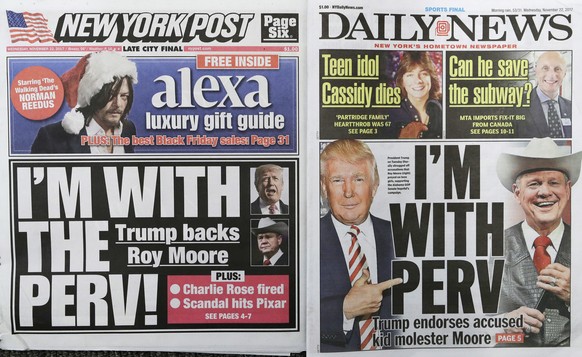 The New York Post, left, and New York Daily News are arranged for a photo, Wednesday, Nov. 22, 2017. The papers will often tackle the same topics on their front page, but only when the stars align do  ...