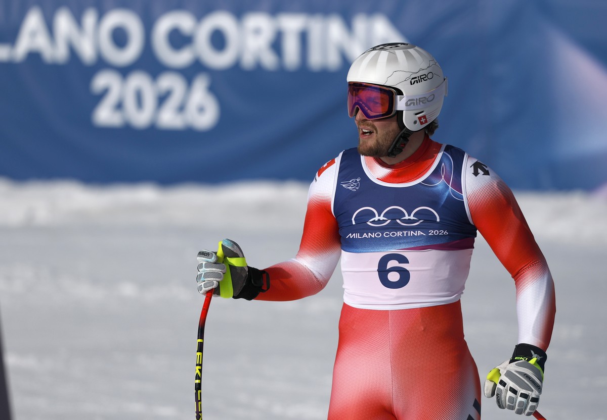 epa12726400 Alexis Monney of Switzerland reacts in finish area during the Men's Super G of the Alpine Skiing competitions at the Milano Cortina 2026 Winter Olympic Games, Stelvio ski centre in Bo ...