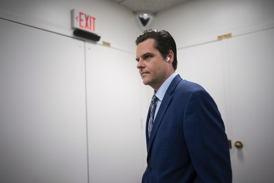 Rep. Matt Gaetz, R-Fla., arrives for a closed-door meeting with House Republicans on the morning after he filed a motion to strip Speaker of the House Kevin McCarthy, R-Calif., from his leadership rol ...