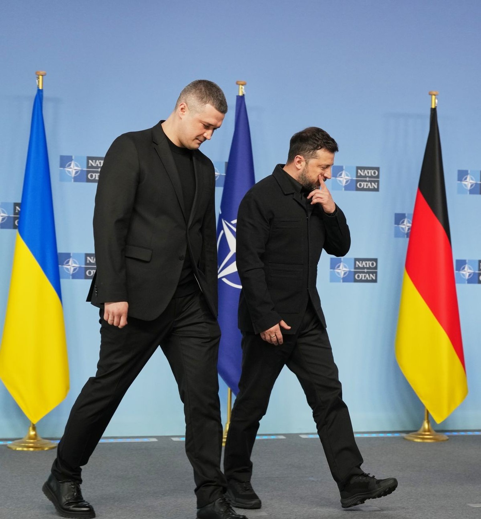 KEYPIX - From left, Ukraine's Defense Minister Mykhailo Fedorov , Ukraine's President Volodymyr Zelenskyy, NATO Secretary General Mark Rutte, Germany's Defense Minister Boris Pistorius  ...