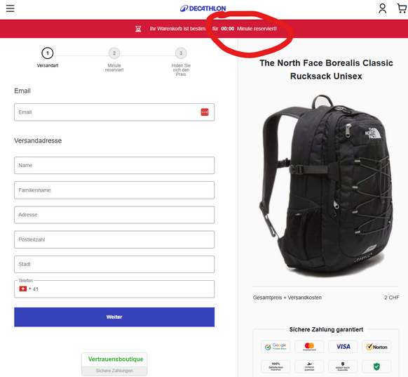Der Warenkorb sei nur zwei Minuten reserviert, behaupten die Betrüger.