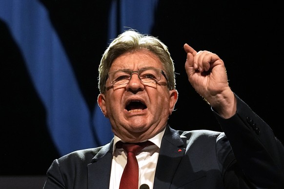 Hard-left leader Jean-Luc Melenchon delivers his speech in his election night headquarters, Sunday, June 19, 2022 in Paris. French President Emmanuel Macron&#039;s alliance got the most seats in the f ...