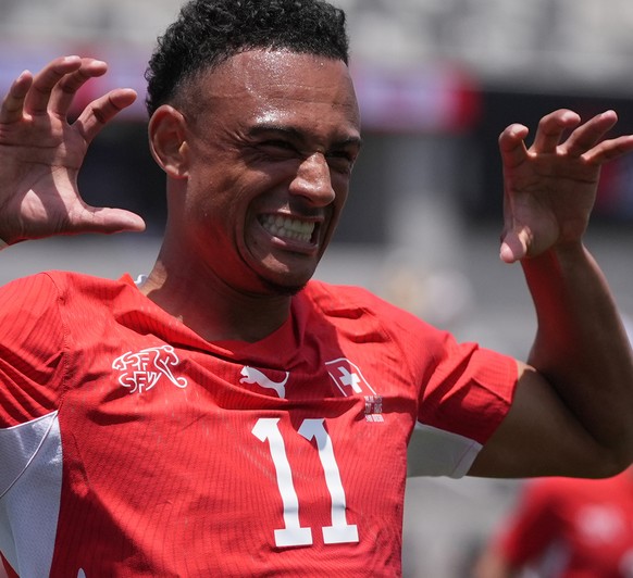 Switzerland forward Dan Ndoye celebrates his goal during the first half of an international friendly soccer game against Australia Saturday, June 6, 2026, in San Diego. (AP Photo/Gregory Bull)
Dan Ndo ...