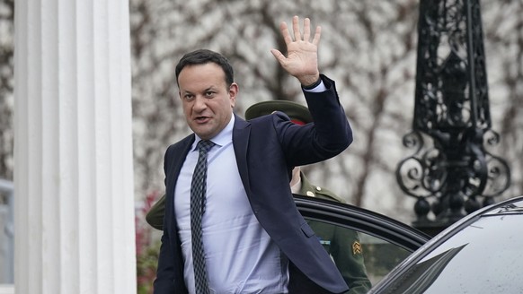 Leo Varadkar arrives at Aras an Uachtarain in Dublin, Ireland, Monday April 8, 2024, to tender his resignation as Prime Minister to President of Ireland Michael D Higgins. (Niall Carson/PA via AP)