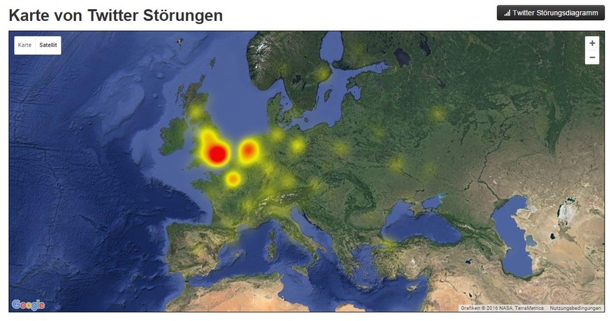 Auf der Karte werden die Twitter-Störungen angezeigt. Am schwersten betroffen sind England und die Niederlande.&nbsp;