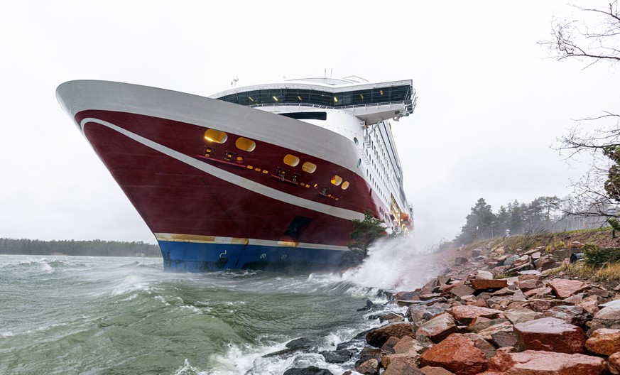 A view of the Viking Line cruise ship Viking Grace, run aground with passengers on board, south of Mariehamn, Finland, Saturday, Nov. 21, 2020. A Baltic Sea ferry with 331 passengers and a crew of 98  ...