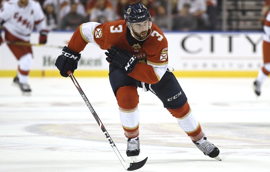 Florida Panthers defenseman Keith Yandle (3) skates against the Carolina Hurricanes during an NHL hockey game, Tuesday, Oct. 8, 2019, in Sunrise, Fla. (AP Photo/Jim Rassol)