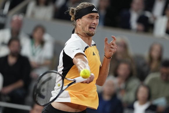 Germany&#039;s Alexander Zverev plays a shot against Denmark&#039;s Holger Rune during their fourth round match of the French Open tennis tournament at the Roland Garros stadium in Paris, Monday, June ...