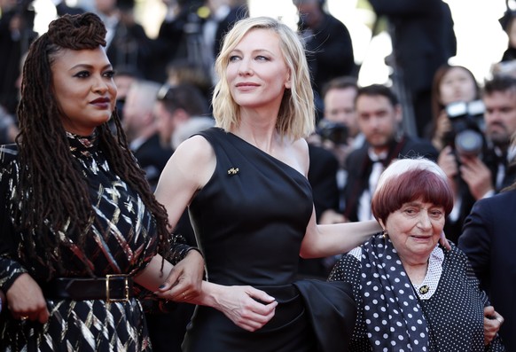 epa06731236 Cate Blanchett (C), Ava Ava DuVernay and Agnes Varda (R) walk the red carpet in protest of the lack of female filmmakers honored throughout the history of the festival at the screening of  ...