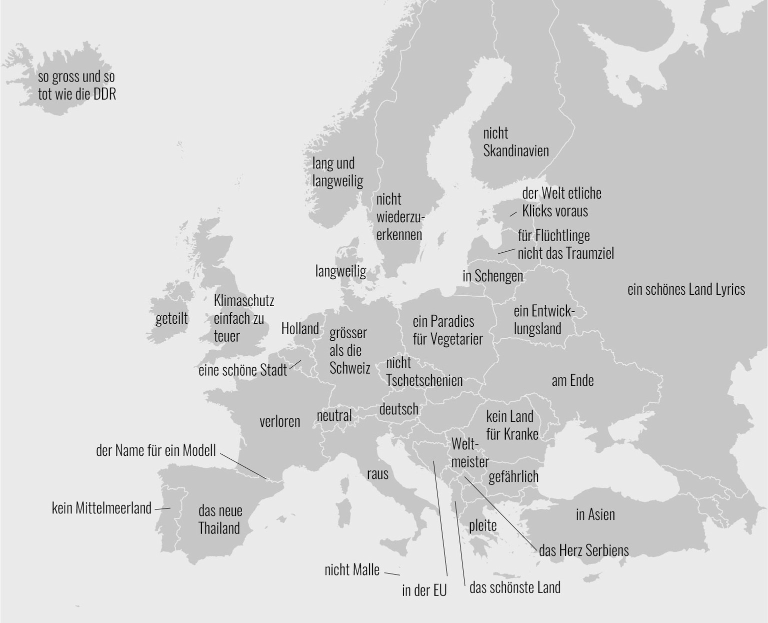 Such-Beispiel: Auf Google wurde beispielsweise eingegeben: «Die Schweiz ist ...». Von den Resultaten haben wir jeweils einen Treffer pro Land ausgewählt. Beim Beispiel Schweiz als «neutral».