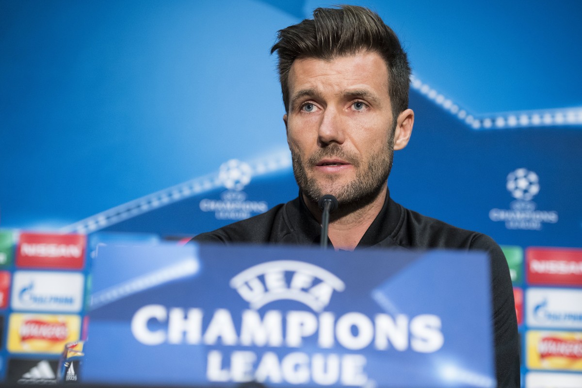 epa06198562 Basel's head coach Raphael Wicky attends a press conference at the Old Trafford Stadium, in Manchester, Britain, 11 September 2017. FC Basel 1893 will face Manchester United in the UE ...