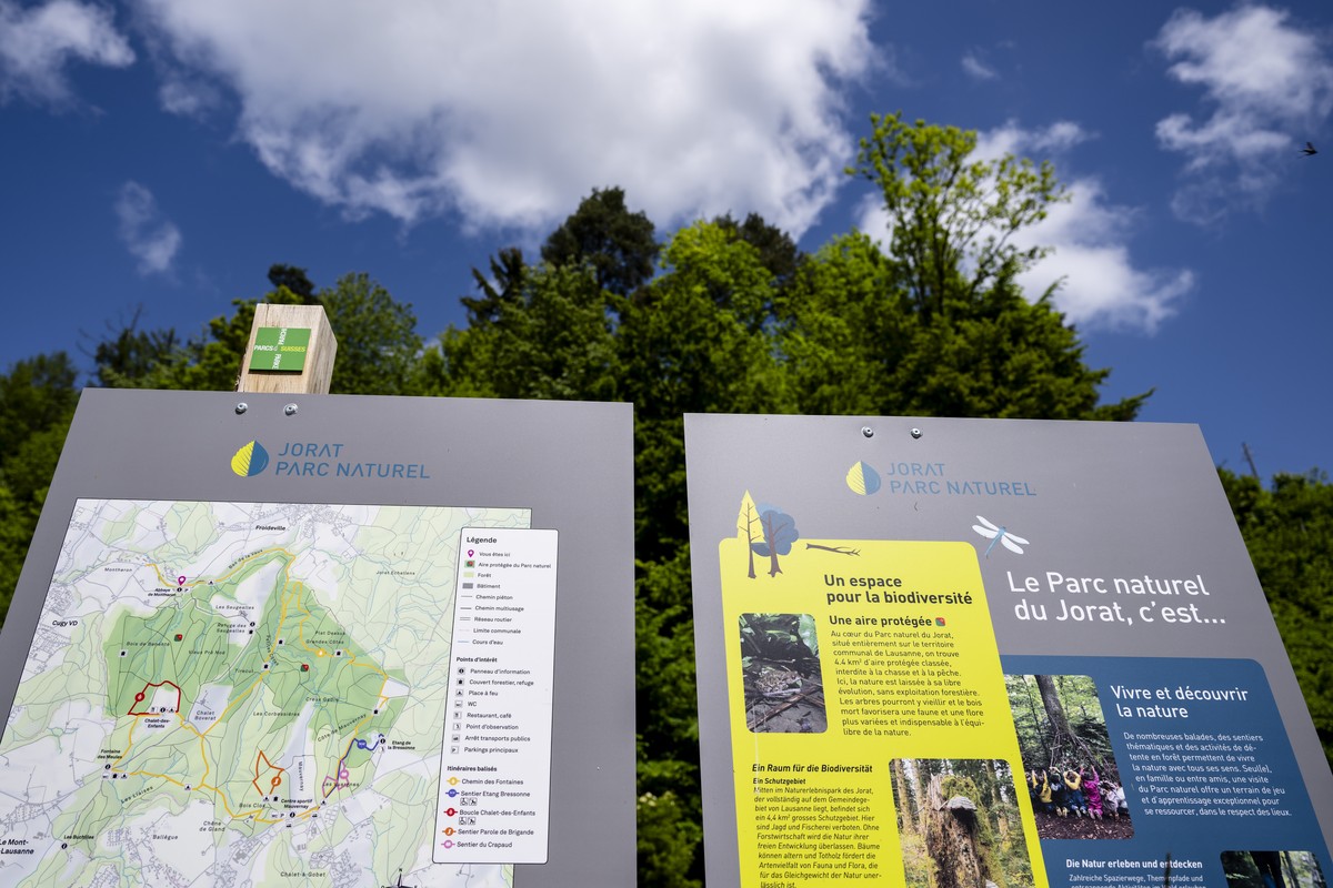 Un panneau indique l'entree du Parc naturel du Jorat lors de l'inauguration du Parc naturel du Jorat, dernier ne des parcs naturels d?importance nationale le samedi 25 mai 2024 a l'Abba ...
