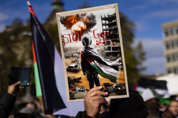 Protesters hold Palestinian flags and placards reading &quot;Free Palestine&quot; and &quot;Stop genocide&quot; during a rally supporting the Palestinian people, on Saturday, October 28, 2023 in Zuric ...