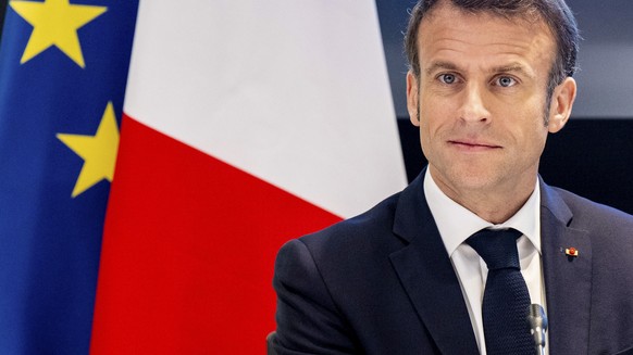 French President Emmanuel Macron visits the quantum gasses and quantum information lab of the Science faculty of the UvA, University of Amsterdam, Wednesday, April 12, 2023. (Mischa Schoemaker/Pool Ph ...