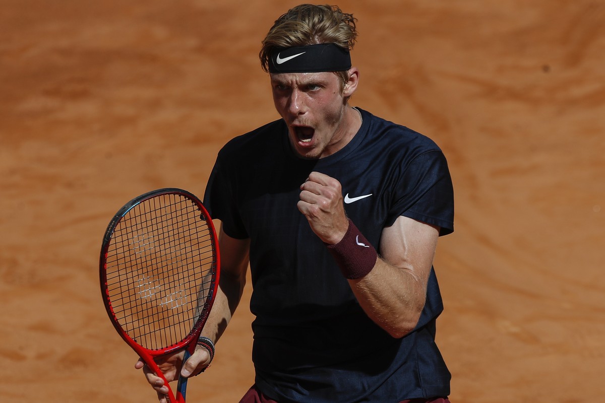 Canada's Denis Shapovalov celebrates winning a point to Spain's Rafael Nadal during their 3rd round match at the Italian Open tennis tournament, in Rome, Thursday, May 13, 2021. (AP Photo/Al ...