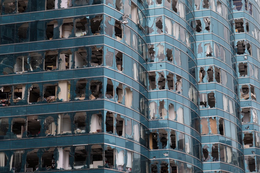 epa07026886 Office towers damaged by Typhoon Mangkhut in Hung Hom district, Hong Kong, China, 17 September 2018. Typhoon Mangkhut was one of the most severe storms to hit Hong Kong in recent decades.  ...