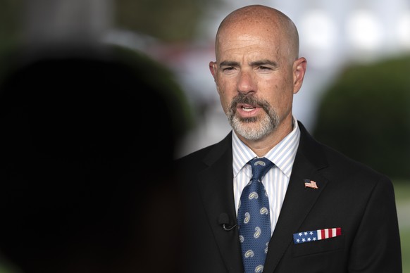 Drug Enforcement Agency Administrator Terrance Cole speaks during a television interview outside the White House, Tuesday, Aug. 12, 2025, in Washington. (AP Photo/Mark Schiefelbein)
Terry Cole