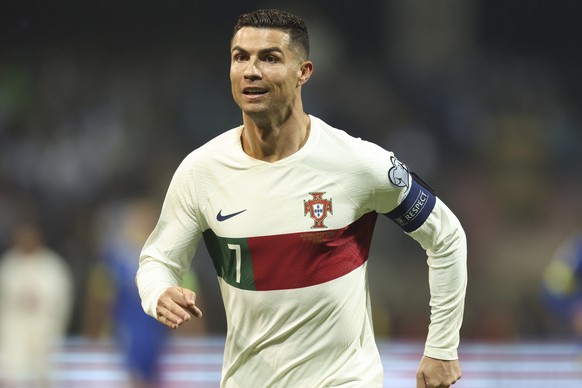 FILE - Portugal&#039;s Cristiano Ronaldo reacts after scoring during the Euro 2024 group J qualifying soccer match against Bosnia-Herzegovina at the Bilino Polje Stadium in Zenica, Bosnia and Herzegov ...