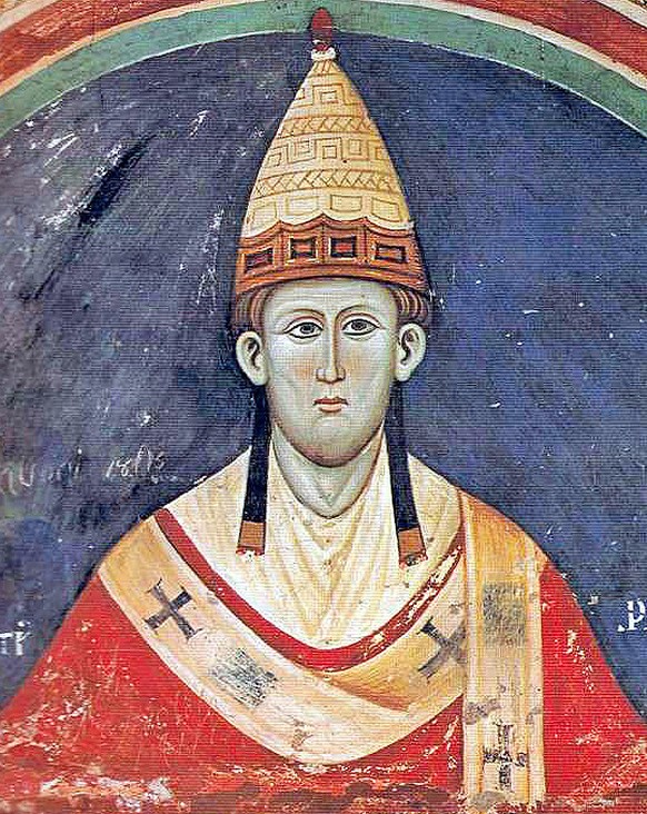 Papst Innozenz III. auf einem Fresko im Kloster San Benedetto in Subiaco, Latium, um 1219.