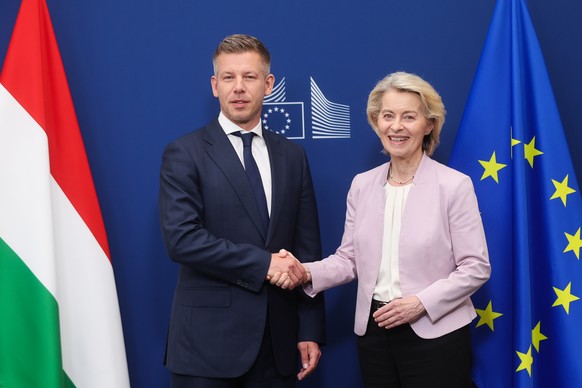 epa13002053 Hungarian Prime Minister Peter Magyar (L) is welcomed by European Commission President Ursula von der Leyen (R) ahead of a meeting at the European Commission headquarters in Brussels, Belg ...