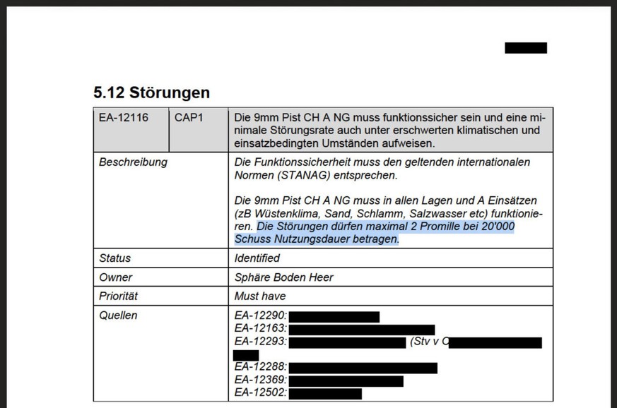 Auszug aus dem Detailbericht der Schweizer Armee zu den technischen Anforderungen an die neue Armee-Dienstpistole. Januar 2023.