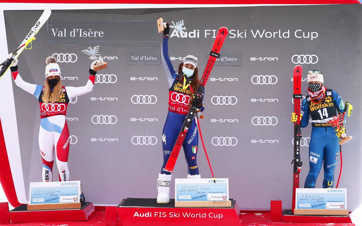epa08893190 Winner Sofia Goggia (C) of Italy, second placed Corinne Suter (L) of Switzerland and third placed Breezy Johnson (R) of the US celebrate on the podium following the Women's Downhill r ...