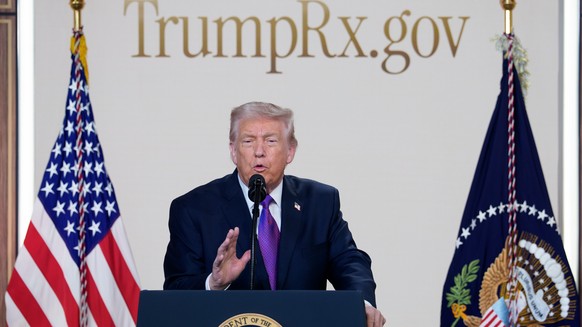 epa12707911 US President Donald J. Trump speaks during an event to present 'TrumpRx,' a website for consumers to purchase prescription drugs, in the South Court Auditorium of the Eisenhower  ...