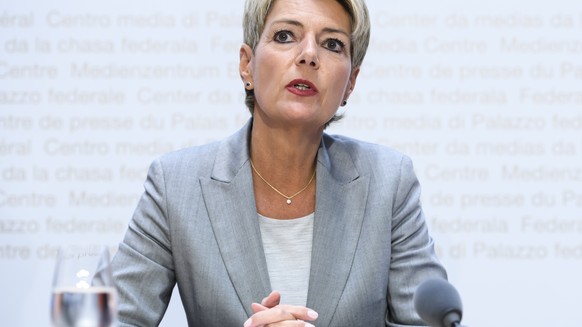 Federal Councilor Karin Keller-Sutter speaks at a media conference on the topics "Amendments to the DNA Profile Act: Opening of the consultation procedure" and "Message on Amending the Code of Criminal Procedure", Wednesday, August 28, 2019, in the Federal Media Center in Bern.  (KEYSTONE / Anthony Anex)